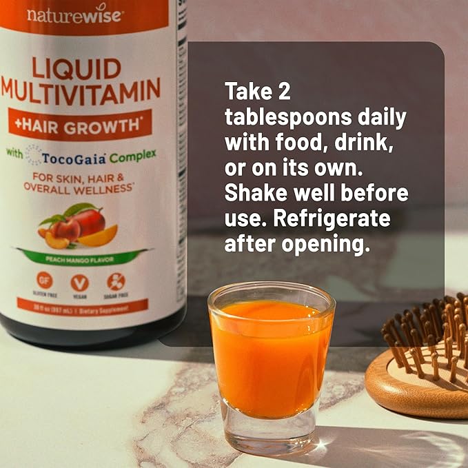 NatureWise Liquid Multivitamin Hair Growth for Women &amp Men + Tocogaia® for Hair Growth &amp Skin Elasticity Support + Biotin Vitamin D E B - Sugar Free Multivitamin Vegan - 15 fl oz[15 Servin