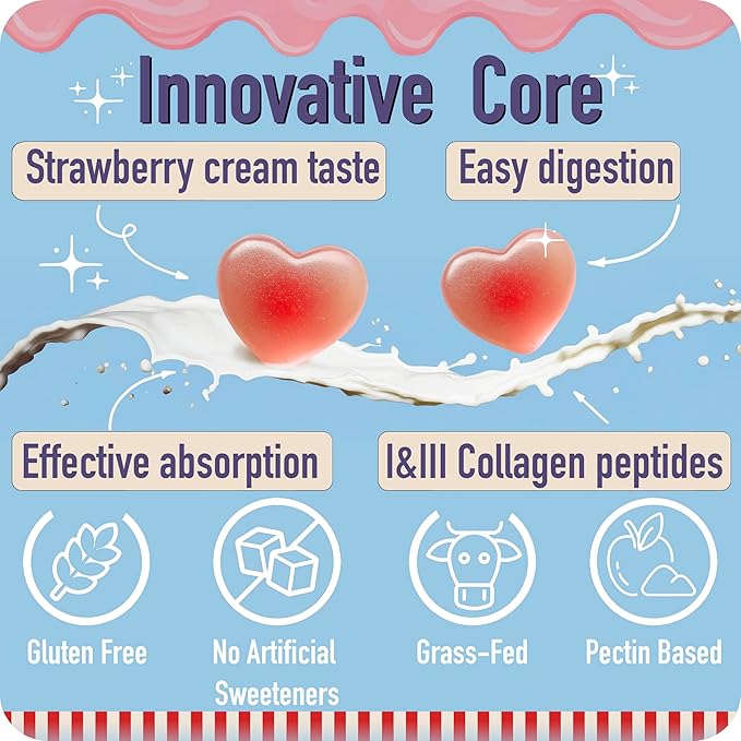 Collagen Peptides Gummies for Women – Biotin Zinc Vitamin D3 – 120 Count – Hydrolyzed Collagen Gummy Complex – Hair Skin &amp Nails Support – Sugar-Free Halal Lactose-Free Strawberry Cream Flav