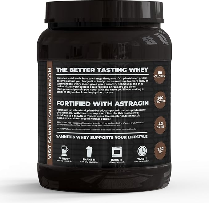 Samnites Plant Base Protein Powder Dutch Chocolate Flavor Natural Whey with AstraGin 20g Protein 1.32lb Gluten Free Soy Free