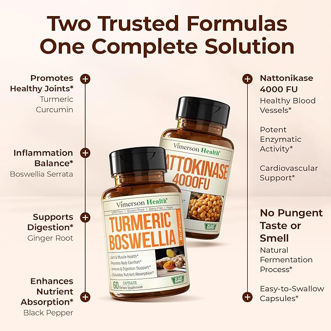 Boswellia Turmeric Curcumin Supplement + Nattokinase Supplement Bundle – Supports Joint &amp Heart Health Healthy Circulation &amp Smooth Flow – with Ginger Organic Turmeric Powder &amp Nattokina