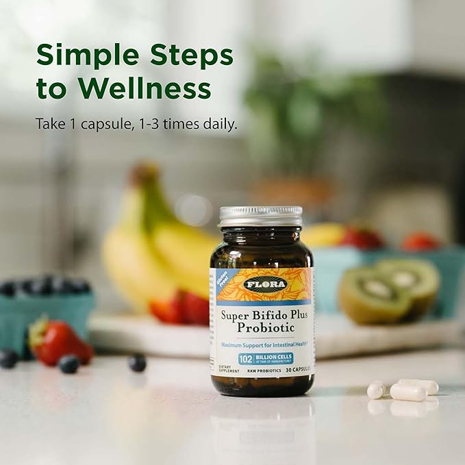 Flora Super Bifido Plus 102 Billion CFU Raw Probiotics for Men &amp Women Bifidobacterium Lactobacillus Digestion IBS Immune System Gut Balance Supplements - 30 Vegetarian Capsules