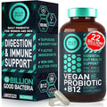 Vegan Probiotic Plus B12 &amp FOS - 22 Billion CFU Synbiotics Prebiotics and Probiotics for Digestive Health IBS Mood Support - B12 Pre Pro Post Biotics for Women &amp Men - 60 Gluten-Free Capsule