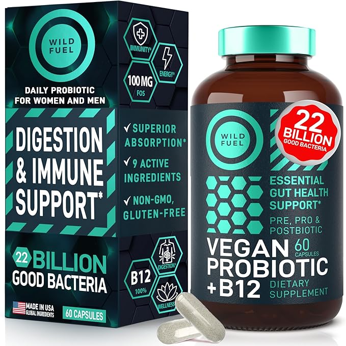Vegan Probiotic Plus B12 &amp FOS - 22 Billion CFU Synbiotics Prebiotics and Probiotics for Digestive Health IBS Mood Support - B12 Pre Pro Post Biotics for Women &amp Men - 60 Gluten-Free Capsule
