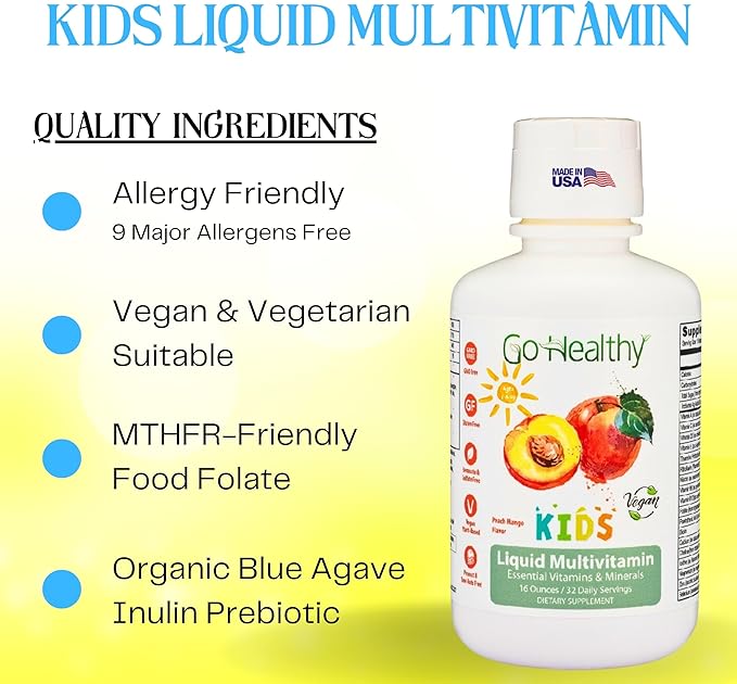 Go Healthy Liquid Multivitamin for Kids 2 Pack Bundle 1 Raspberry Bottle and 1 Peach Mango Bottle