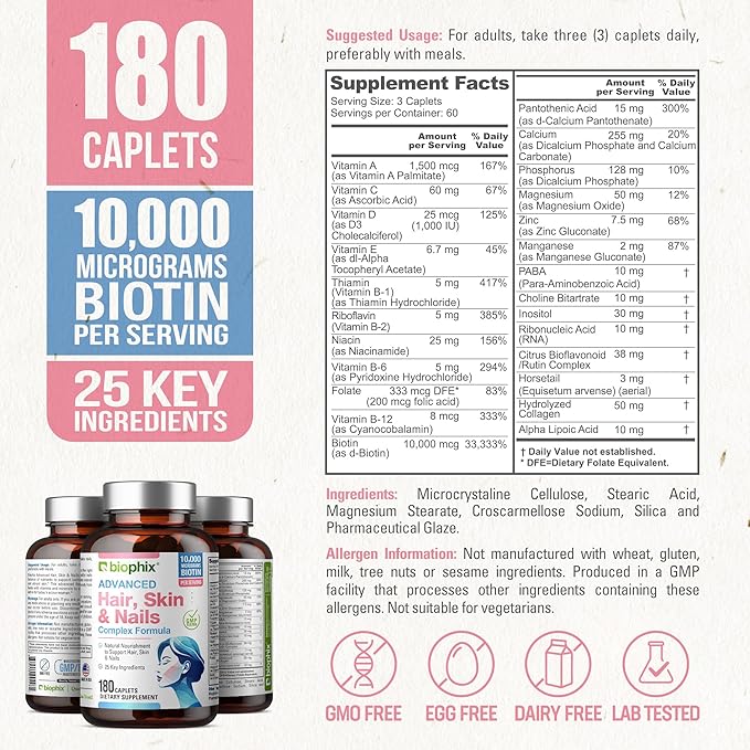 biophix Hair Skin and Nails Complex 180 Caplets with 10000 mcg Biotin - Multivitamin Supports Strong Nails Beautiful Hair Healthy Aging