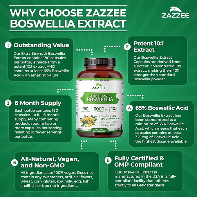 Zazzee Extra Strength Boswellia 10:1 Extract 65% Boswellic Acid 180 Vegan Capsules 6 Month Supply Boswellia Serrata Joint Comfort Mobility &amp Flexibility Support Non-GMO Made in the USA