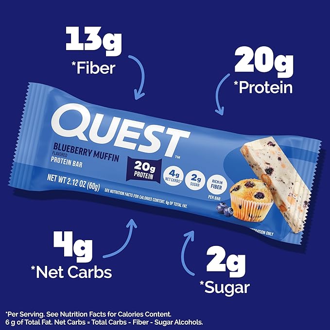 Quest Nutrition Blueberry Muffin Protein Bars 20g Protein 2g Sugar 5g Net Carb High Fiber Gluten Free Keto Friendly 12 Count