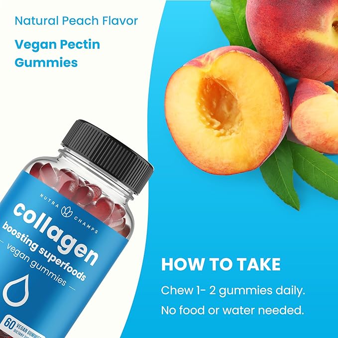 NutraChamps Collagen Boosting Gummies Collagen Booster Gummy for Natural Collagen Production Vegan Pectin Supplements Chews for Women &amp Men 60 Peach Gummies (Pack of 2)