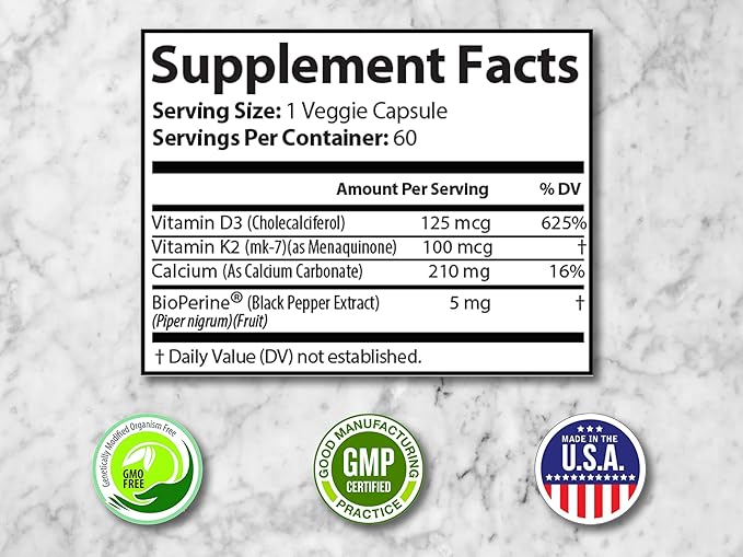 Daily Bone Support: Calcium Supplement with Vitamin D3 K2 - Supplement for Bones – Ideal for Older Adults Postmenopausal Women Athletes - 60 Vegetarian Capsules