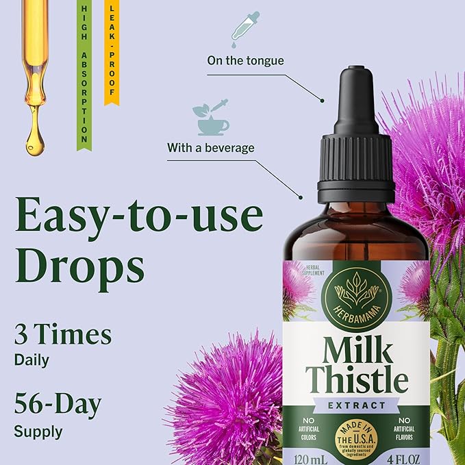 HERBAMAMA Milk Thistle Supplement - Vegan Liver Support with Milk Thistle Extract Tincture - Non-GMO Alcohol &amp Sugar-Free Liquid Silymarin Liver Detox Drops 56-Day Supply