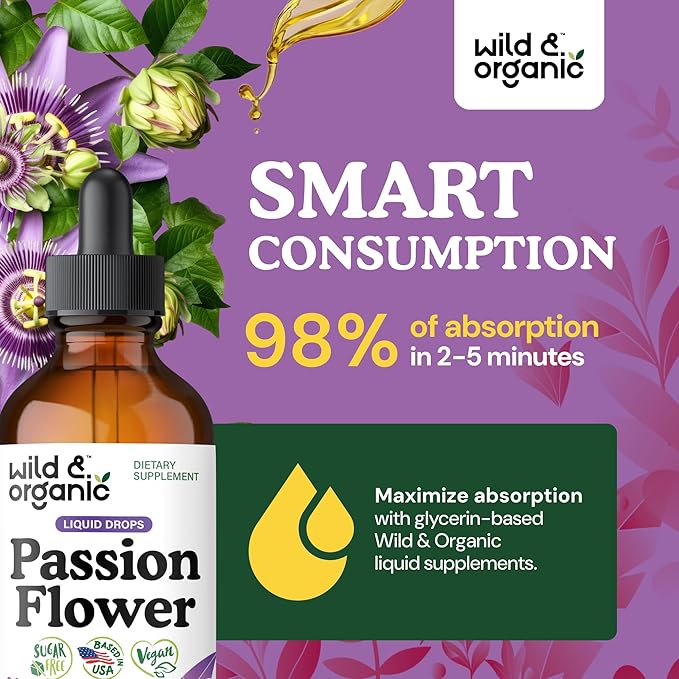 Wild &amp Organic Passion Flower Tincture - Mood Support - Calming Passionflower Supplement - Passiflora Incarnata Liquid Extract - Vegan Sugar &amp Alcohol-Free Herb Drops - 4 fl oz