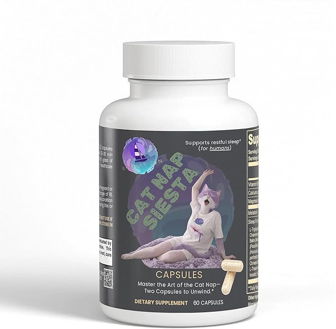 Cat Nap Siesta | Sleep Support Capsules for Humans | Nighttime Relaxation Formula with Calming Botanicals | Non-Habit | 60 Capsules