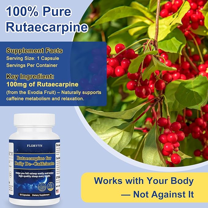 Rutaecarpine Supplement for Coffee Lovers – De-Caffeinate Naturally Derived Formula Supports the Body’s Caffeine Metabolism – Non-Habit Forming Helps Maintain a Calm &amp Relaxed State