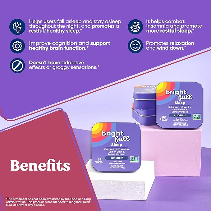 Focus Sugar Free Drink Mix with Ashwagandha Lion’s Mane &amp B Vitamins BlackBerry 21 Day Supply Sleep Aid with Melatonin &amp Herbs Cherry 32 Chewable Tablets