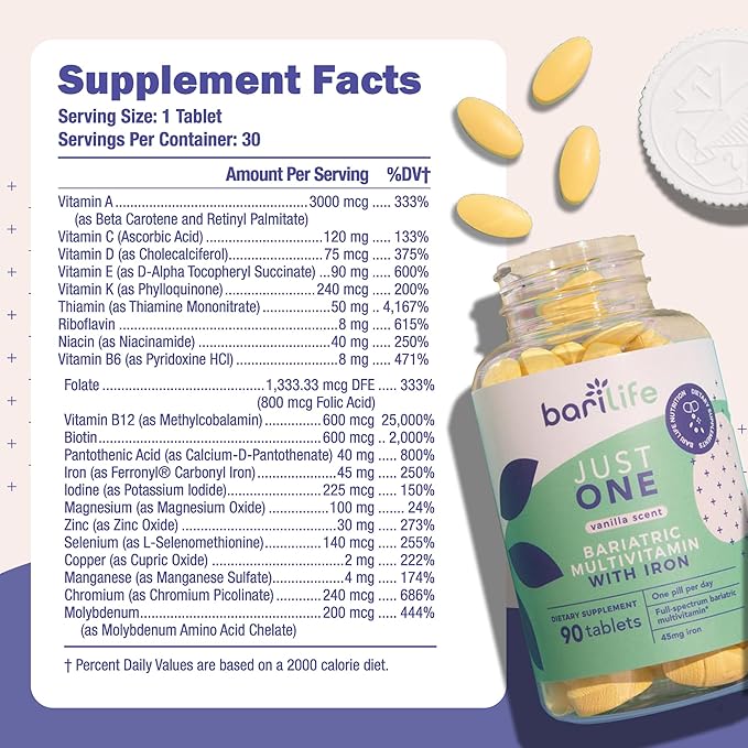Bari Life Just One Once Daily Bariatric Multivitamin with Iron (90 Tablets) and BariBurst Calcium Citrate Soft Chews for Gastric Bypass Gastric Sleeve and Duodenal Switch (Watermelon)