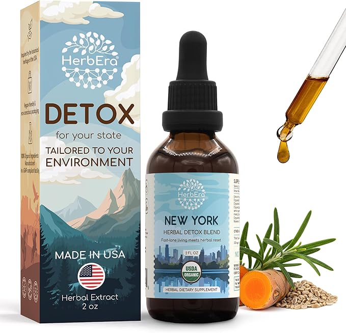 HerbEra New York Herbal Detox Blend - USDA Organic Extract Made in USA | Immune &amp Liver Support Liquid Drops | Dandelion Root Eleuthero Milk Thistle Rhodiola Turmeric | 2 fl oz