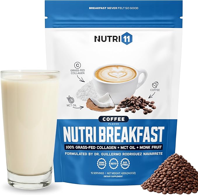 Nutri11 NutriBreakfast by Nutrillermo/Keto Protein Collagen Powder with MCT Oil/MCT Oil Powder/Keto Collagen Peptides with Grass-Fed Bovine Collagen Type I &amp III (15.9 Coffee)