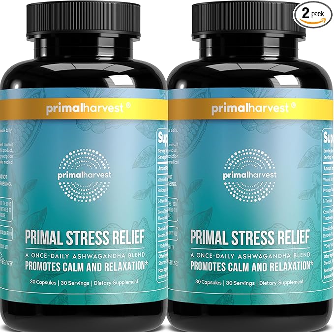 Primal Harvest Stress Relief Supplement for Women and Men Pure Ashwagandha Root Extract L-Theanine Supplements 60 Capsules