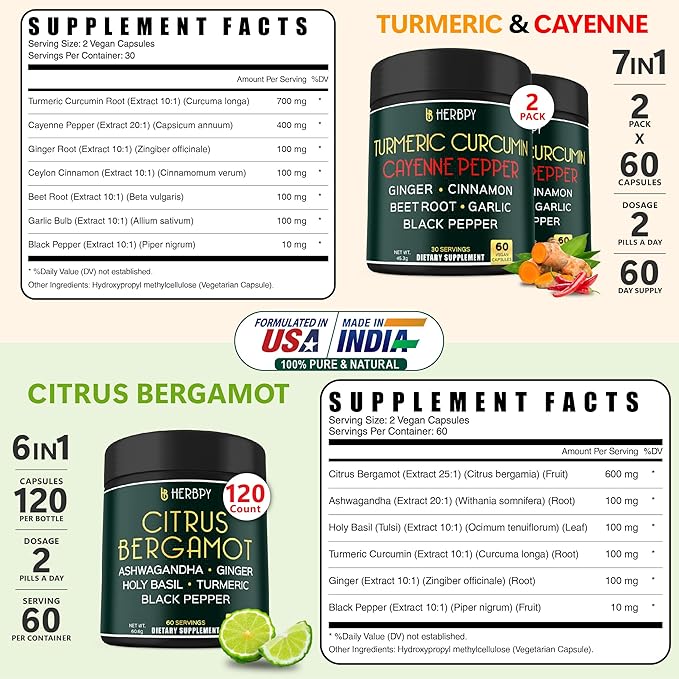 Bundle 2-Pack 7in1 Curcumin Supplement &amp 6in1 Citrus Bergamot Supplement for Digestive Relaxation Heart Health &amp Immune
