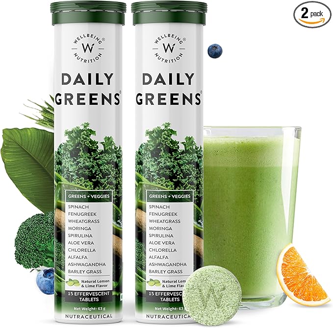 WELLBEING NUTRITION Daily Greens Wholefood Multivitamin with Vitamin C Zinc B6 B12 for Immunity and Detox with 39+ Organic Certified Plant Superfoods &amp Antioxidants(15Tabs x 2) (63 g (Pack of