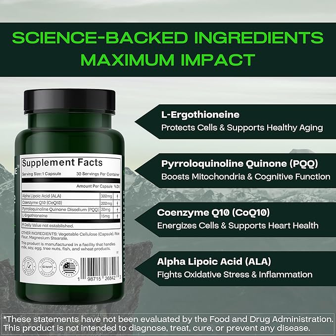 Powerhouse Complex – Supplement for Mitochondrial Support Brain &amp Memory Health Energy Support with L-Ergothioneine ALA CoQ10 &amp PQQ – Cellular Energy Cognition &amp Metabolic Health – 30