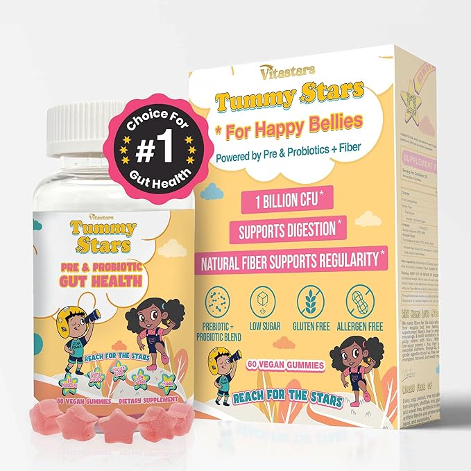 Tummy Stars Kids Multivitamin Gummies with Prebiotic &amp Probiotic + Fiber | Kids Vitamins for Gut Health Digestion Regularity &amp Immune Support | Vegan Children’s Gummies 60 Count