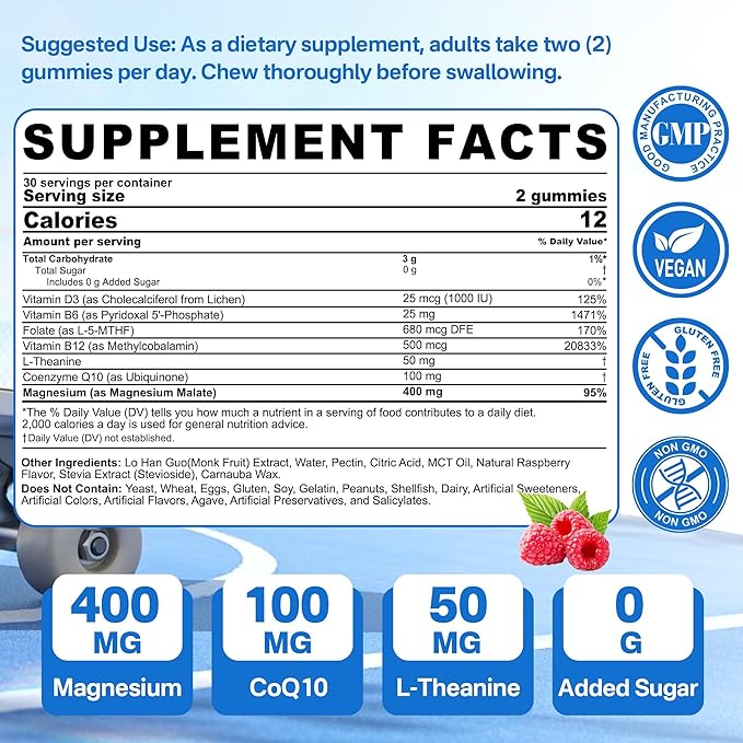 Magnesium Malate Gummies - Magnesium 400mg L-5-MTHF Folate 680mcg Methyl B12 B6 L-Theanine &amp CoQ10 - Sugar Free Methylated Magnesium Complex for Women Men Methylation Energy Muscle &amp Ca