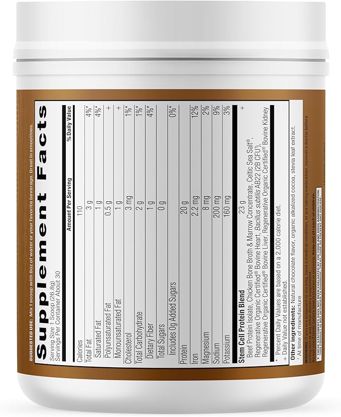 Stem Cell Protein Powder Chocolate – Bone Marrow &amp Bone Broth Protein Bacillus Subtilis AB-22 Natural Peptides – Cellular Recovery – 30 Servings