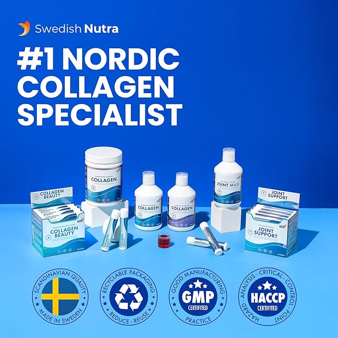 Swedish Nutra - 100% Marine Collagen Powder 300g &amp 10000 mg Hydrolyzed Marine Collagen Liquid Supplement | Hyaluronic Acid Biotin and Vitamin C to Support Healthy Hair Skin Nails and Joints