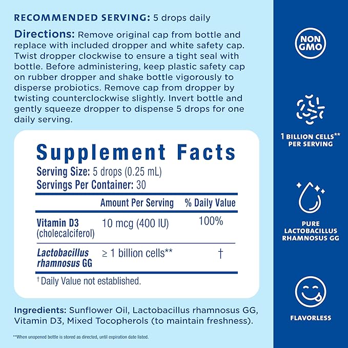 Mommy's Bliss Baby Probiotics + Vitamin D DropsSupports Digestive Health &amp Immune Function*400IU Vitamin DSupports Bone Development*Newborns+Flavorless0.34 Fl Oz (30 Servings)(Pack of 2)