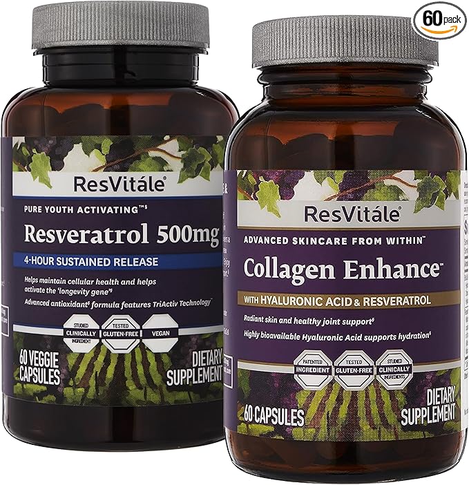 ResVitale Collagen Enhance - Beauty Supplement with Hyaluronic Acid &amp Resveratrol - 60 Capsules &amp Resveratrol 500 mg - Supplement for Men &amp Women - 60 Veggie Capsules