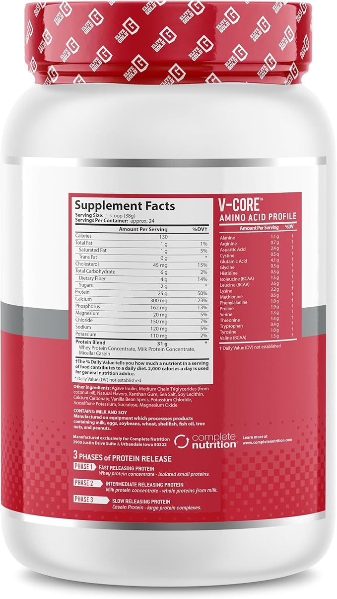 V-Core Protein Powder Protein Powder Keto Vanilla Whey Protein High Protein Casein Protein 25g Protein 12g EAAs 6g BCAAs 2 lb Tub (23 Servings)