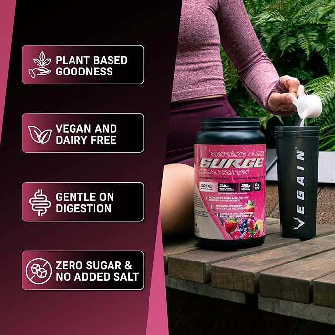 PRO-SURGE Clear Protein Powder Summerberry Lemonade Flavor 454g - 30 Servings 25g Plant-Based Protein Isolate - Sugar-Free Dairy-Free Soy-Free Gluten-Free Clear &amp Refreshing Juice-Like Drink
