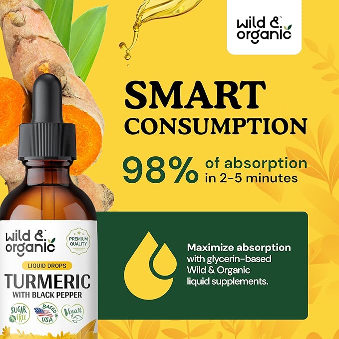 Wild &amp Organic Turmeric Curcumin Supplement with Black Pepper - Movement &amp Immune Support - Liquid Turmeric Curcumin with Black Pepper - Add to Tea Drops - Vegan Sugar &amp Alcohol-Free Tinc