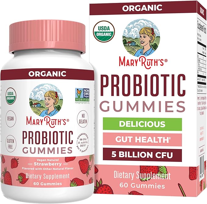 MARYRUTH'S USDA Organic Probiotic Gummies Probiotic Digestive Support | Immune Support | Digestive &amp Gut Health Supplement | 5 Billion CFU | Vegan | Non-GMO | Gluten Free | 60 Count