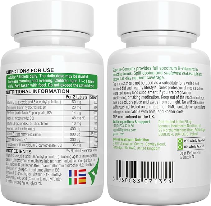 Super B-Complex 180 Tablets + Triple Magnesium Complex 180 Tablets Vegan Bundle Methylated Sustained Release B Complex + High Absorption Chelated Magnesium Glycinate Taurate &amp Citrate by Igennu