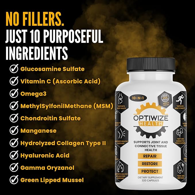 10-N-1 Joint Support Hydrolyzed CollagenMSM Hyaluronic Acid GlucosamineChondroitin &amp More- Targets Joint Discomfort Improves Mobility &amp Flexibility 320 Caps for Men &amp Women Made in US