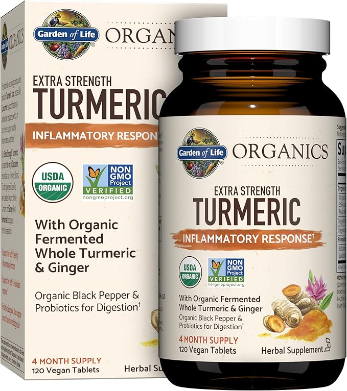 Garden of Life Organics Extra Strength Turmeric Inflammatory Response 120 Tablets-100Mg Curcumin (95% Curcuminoids) Black Pepper Probiotics Organic Non-GMO Vegan Gluten Free Herbal Supplement
