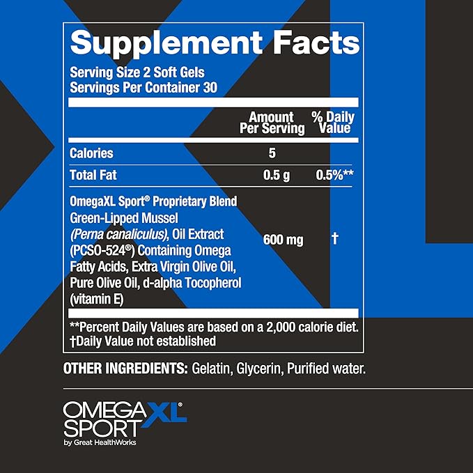 OmegaXL Sport Extra Strength Muscle Recovery Supplement and Respiratory Support Supplement - Improves DOMS and ROM Clinically Supported Green-Lipped Mussel Oil (60 Softgels)