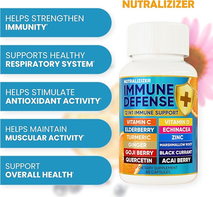12 in 1 Immune Defense Vitamins - Immune Support Supplement w/VIT D3 Vitamin С Zinс Echinacea Elderberry Ginger &ampMore - Natural Immunity System Booster - Immune &amp Muscle Health 120cs