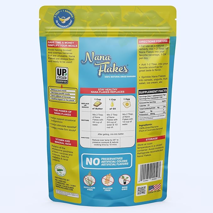 Nutritional Designs Nana Flakes 100% Natural Banana Powder Digestive Support - Source of Potassium &amp Fiber - Substitute for Eggs Butter or Oil in Baking (2LB Bag)