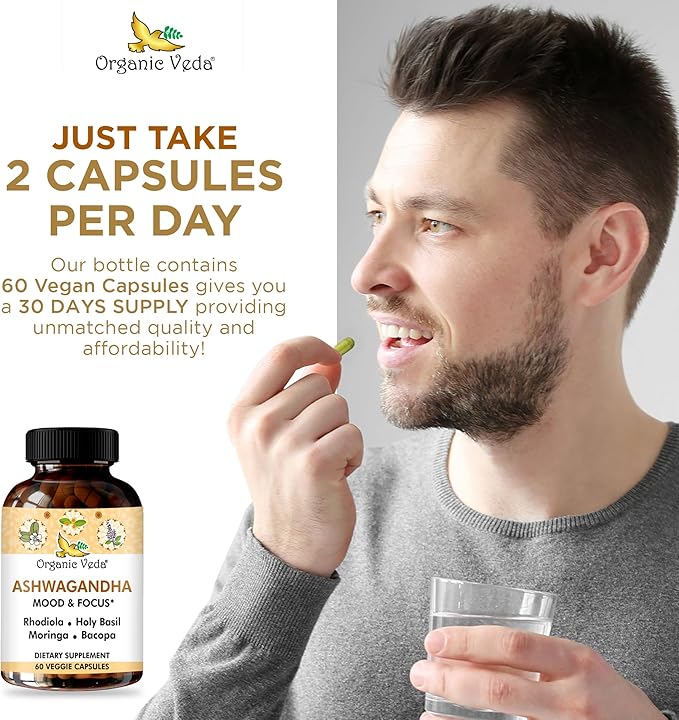 Organic Veda Ashwagandha Mood Support Supplement 1200mg with Organic Ashwagandha Root Bacopa Rhodiola Rosea Holy Basil Moringa Focus &amp Energy Support - 60 Vegan Capsules