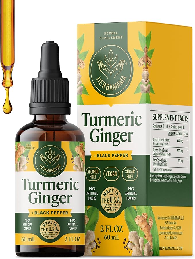 HERBAMAMA Turmeric Curcumin and Ginger Supplement - Vegan Immune Blend with Liquid Ginger RootTurmeric &amp Black Pepper Extract - Non-GMO Alcohol &amp Sugar-Free Immunity Drops