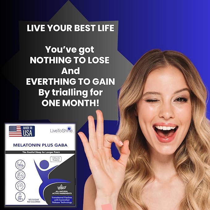 Live To Shine Melatonin Sleep Patches with GABA - 5mg Melatonin + 5mg GABA for Calm Restful Sleep -12-Hour Slow Release Transdermal Patch - 30 Patches - No Pills or Gummies