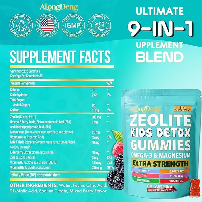 ALongDeng Zeolite Kids Gummies 9-in-1 with Zeolite Magnesium Elderberry Vitamin C Vitamin D3 Zinc B12... – Sugar-Free (60 Gummies – Mixed Berry Flavor)