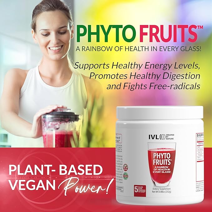 IVL - Phyto Fruits Superfood Powder - Support Energy - Digestive &amp Probiotic - Antioxidant - Vegan - 40 Fruits and Nutrients Plus 6 Probiotic Strains (30 Servings 8.88 oz)