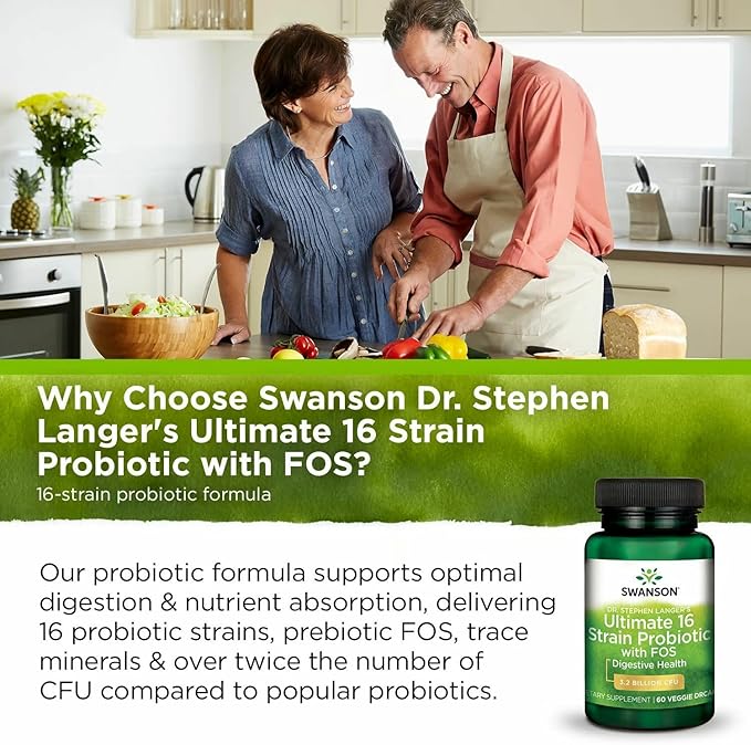 Swanson Dr. Stephen Langer's 16-Strain Probiotic with Prebiotic FOS for Gut-Health-Conscious Adults with 3.2 Billion CFU (60 Vegan Capsules 3 Pack)
