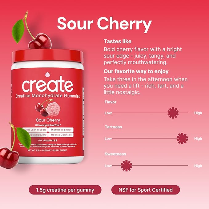 Create Creatine Monohydrate Gummies - Sour Power Duo - Sour Apple &amp Sour Cherry - Creatine Gummies for Women &amp Men NSF Certified 3rd Party Tested Anti-Melting Formula 180 Count (2-Pack)