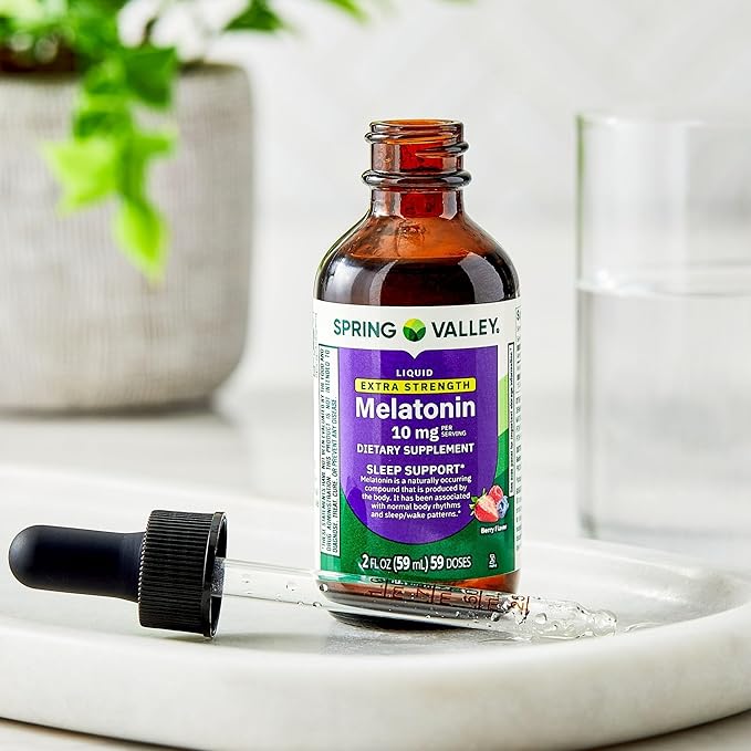 Melatonin 10mg Liquid Drops for Adults Dietary Supplement - Sleep Support by Spring Valley (Pack of 1-2 fl oz) - Set By Basket Goods