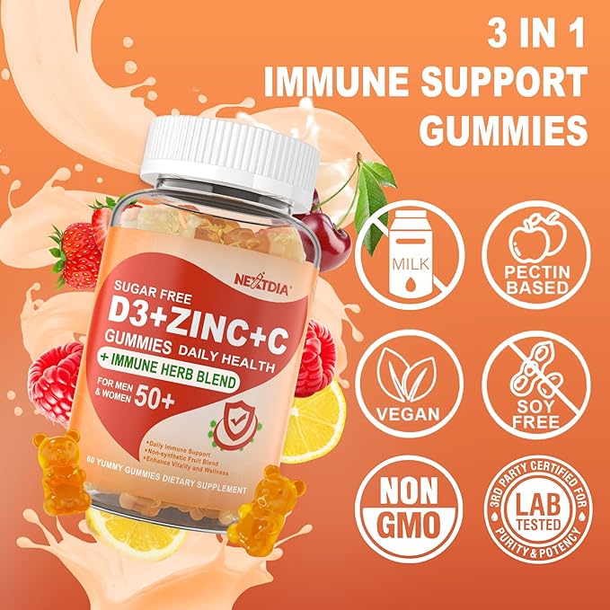 Sugar Free Vitamin C + D3 + Zinc Gummies for Adults 50 + 9 in 1 Immune Defense Supplement with D3 5000IU Elderberry Echinacea Mullein Leaf for Boost Immunity Power Antioxidant Vegan (Pack of 2)